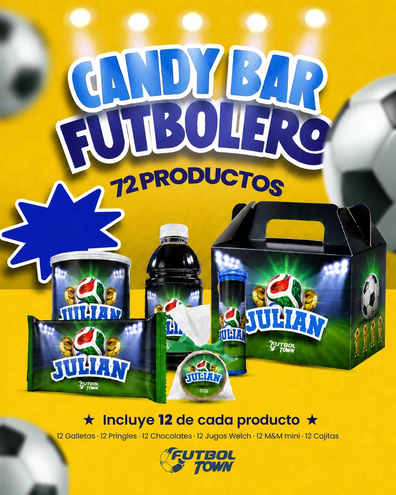 Ejemplo completo de Candy Bar Futbolero personalizado de 72 unidades