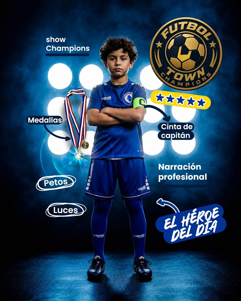 Experiencia Fútbol Town Champions: el cumpleañero con uniforme, medalla y cinta de capitán bajo las luces, con el escudo Fútbol Town Champions